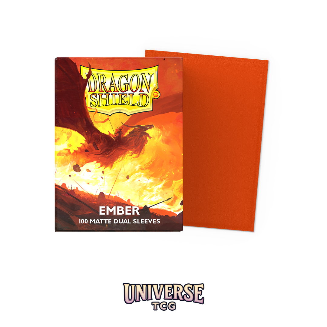 Dragon Shield Ember Matte Dual Sleeves pack with 100 card sleeves featuring orange-red exterior and colored interior on white background - Box Front