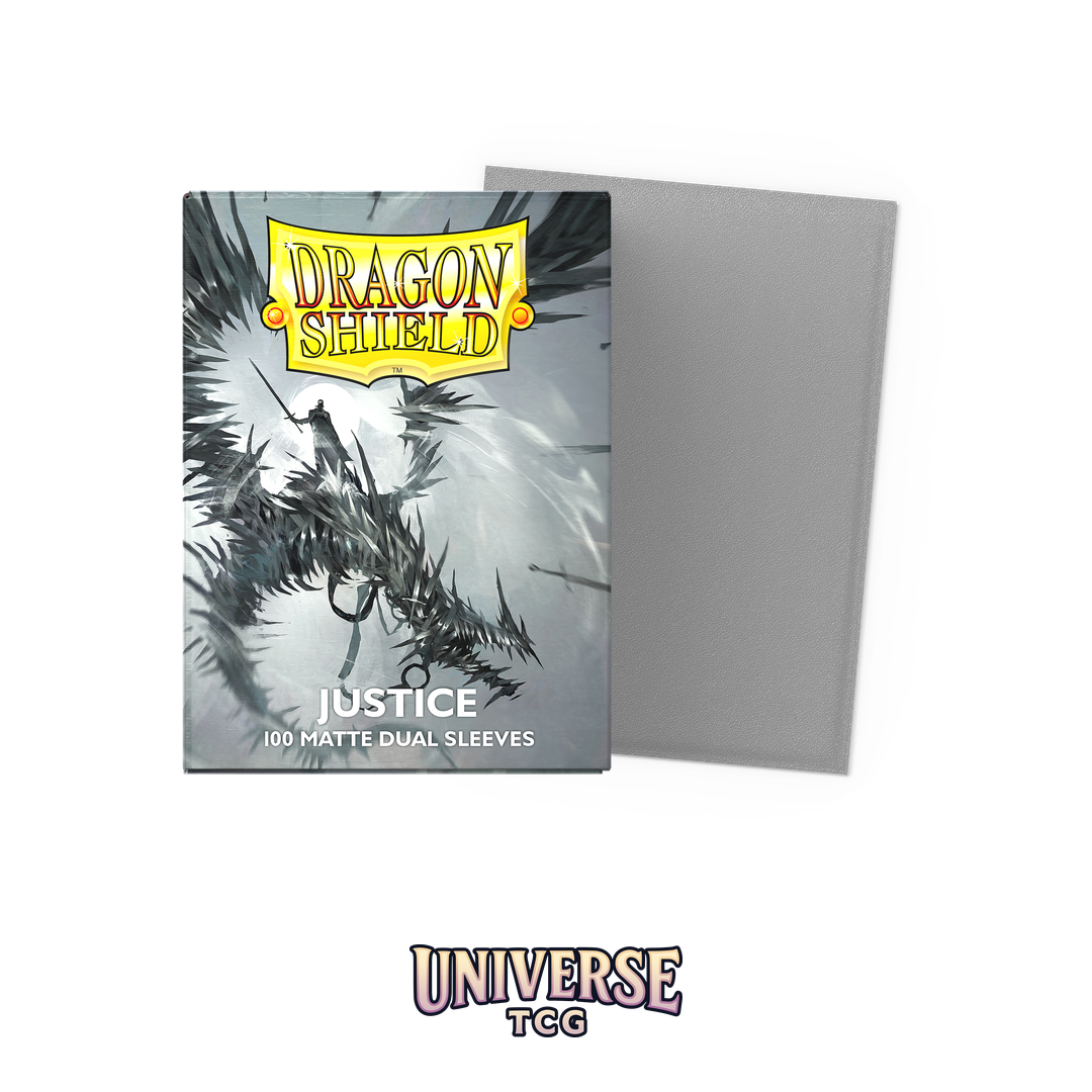 Dragon Shield Justice Matte Dual Sleeves pack with 100 card sleeves featuring metallic silver exterior and colored interior on white background - Box Front