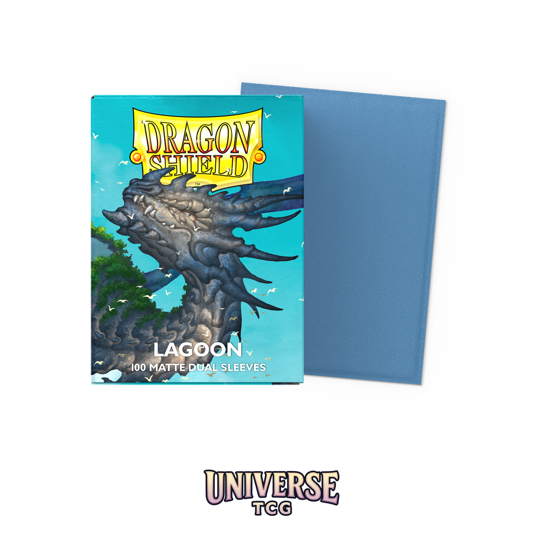 Dragon Shield Lagoon Matte Dual Sleeves pack with 100 card sleeves featuring turquoise blue exterior and colored interior on white background - Box Front