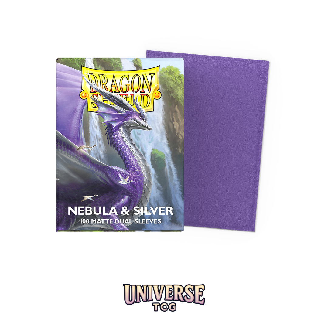 Dragon Shield Nebula and Silver Matte Dual Sleeves pack with 100 card sleeves featuring galaxy effect exterior and silver interior on white background - Box Front