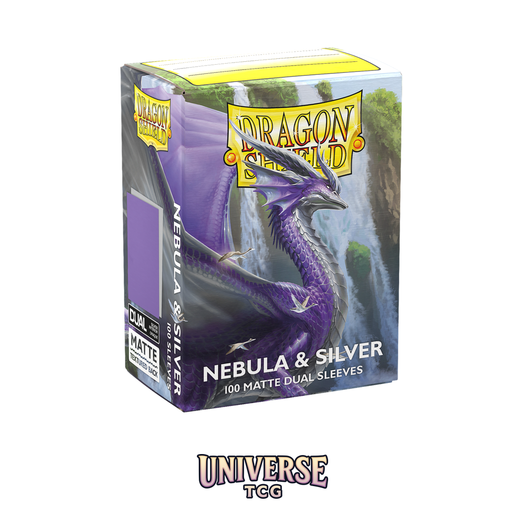 Dragon Shield Nebula and Silver Matte Dual Sleeves pack with 100 card sleeves featuring galaxy effect exterior and silver interior on white background - Contents