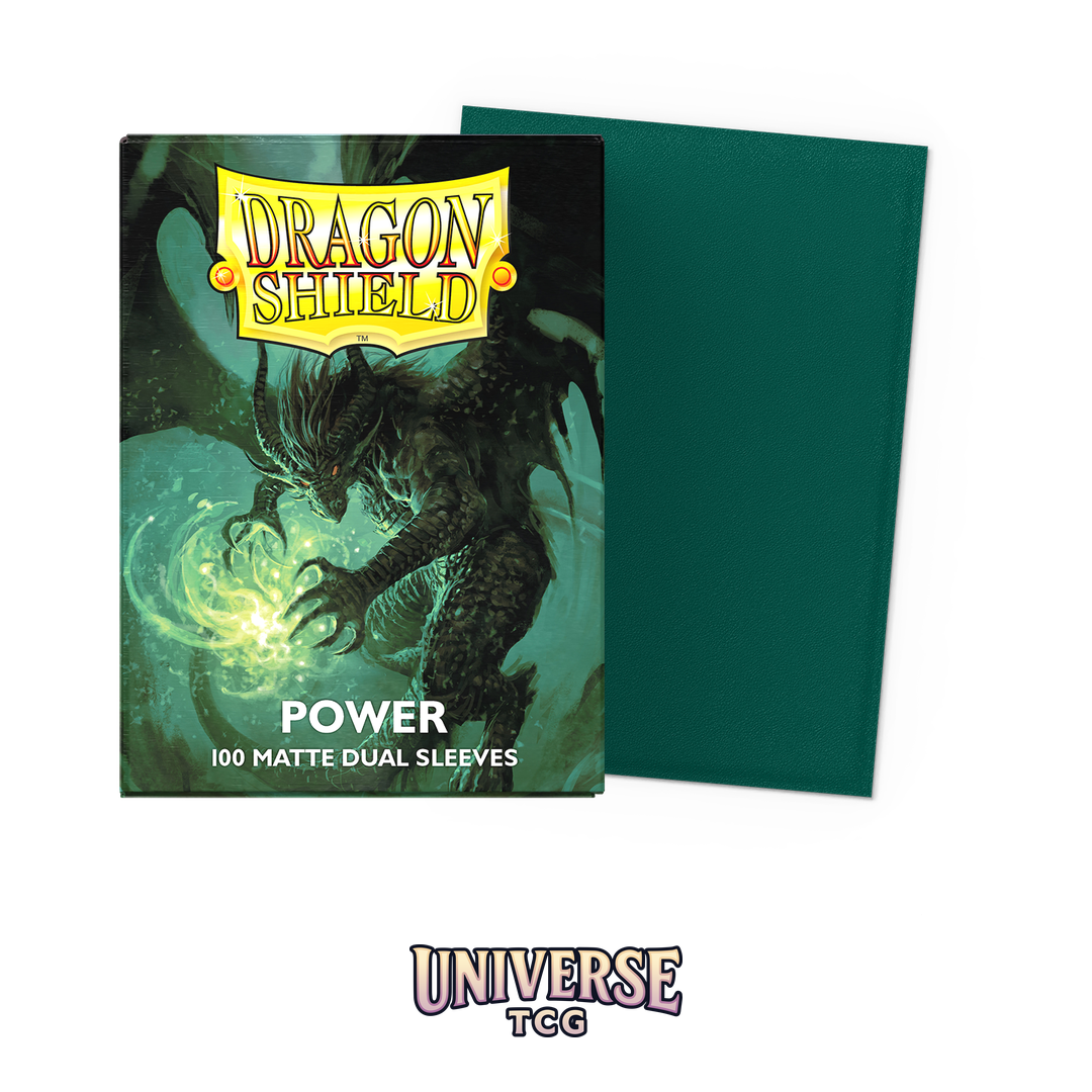 Dragon Shield Power Matte Dual Sleeves pack with 100 card sleeves featuring metallic green exterior and colored interior on white background - Box Front