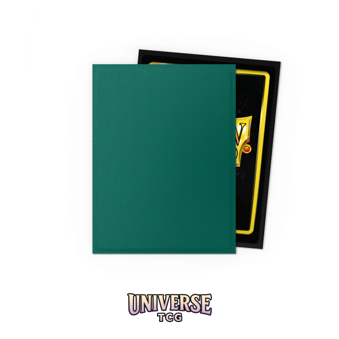 Dragon Shield Power Matte Dual Sleeves pack with 100 card sleeves featuring metallic green exterior and colored interior on white background - Box Back
