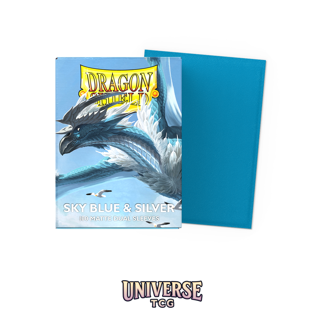 Dragon Shield Sky Blue and Silver Matte Dual Sleeves pack with 100 card sleeves featuring bright blue exterior and silver interior on white background - Box Front