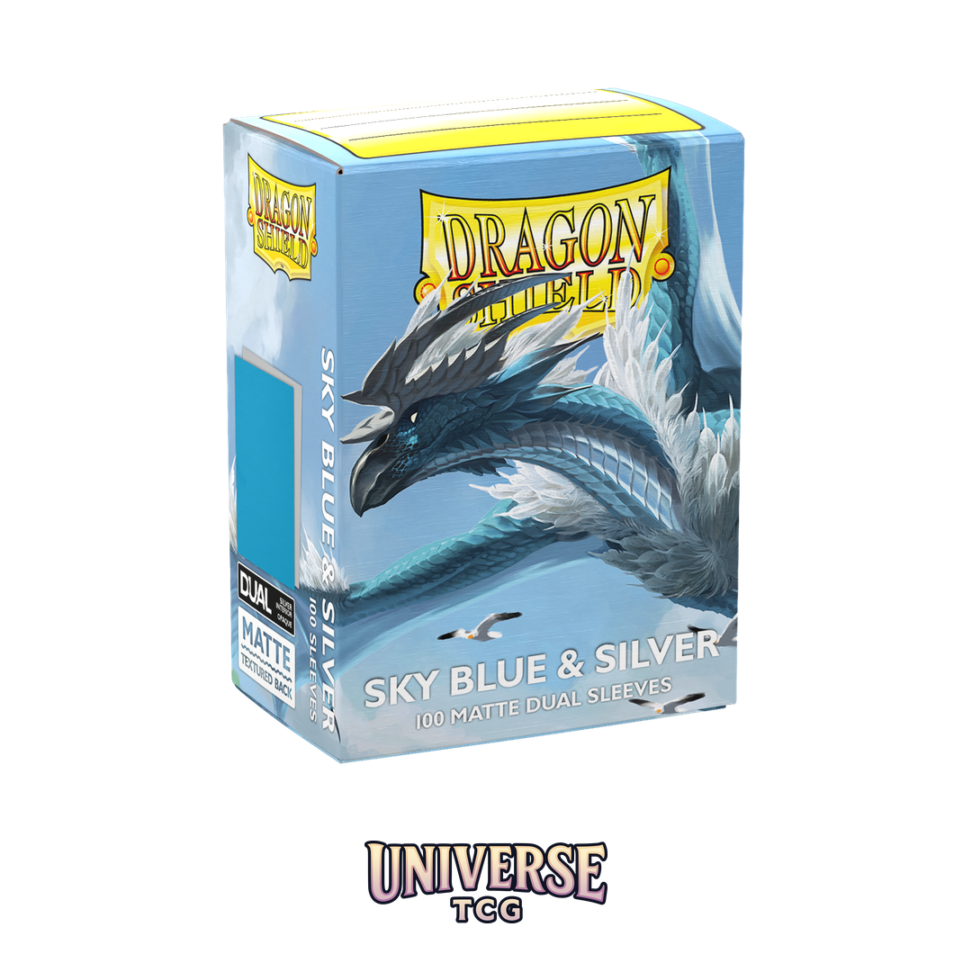 Dragon Shield Sky Blue and Silver Matte Dual Sleeves pack with 100 card sleeves featuring bright blue exterior and silver interior on white background - Contents