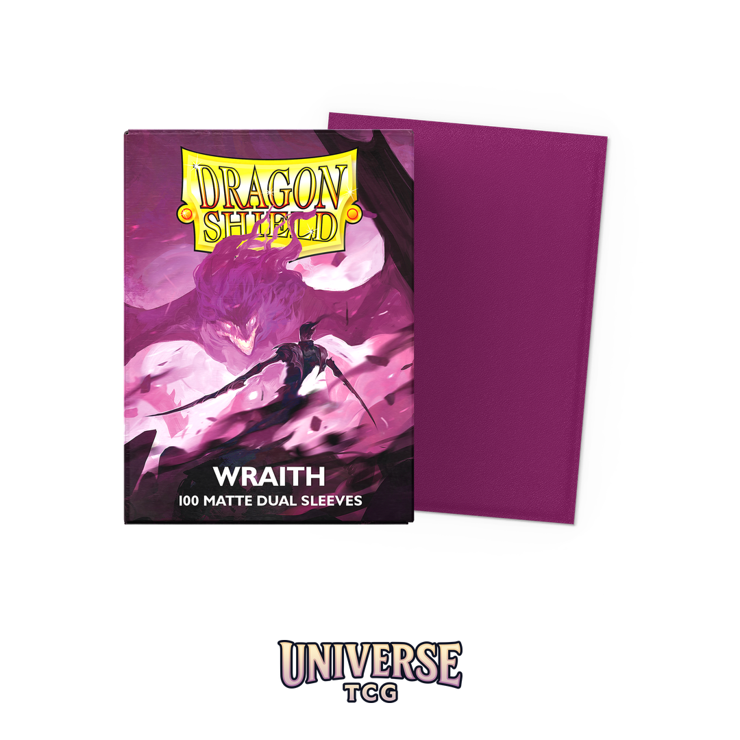 Dragon Shield Wraith Matte Dual Sleeves pack with 100 card sleeves featuring dark exterior and colored interior on white background - Box Front