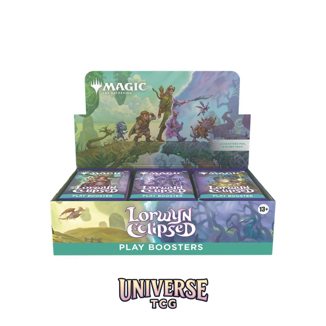 Box of 'Lowyn Eclipsed' play boosters for 'Magic: The Gathering' on a white background.
