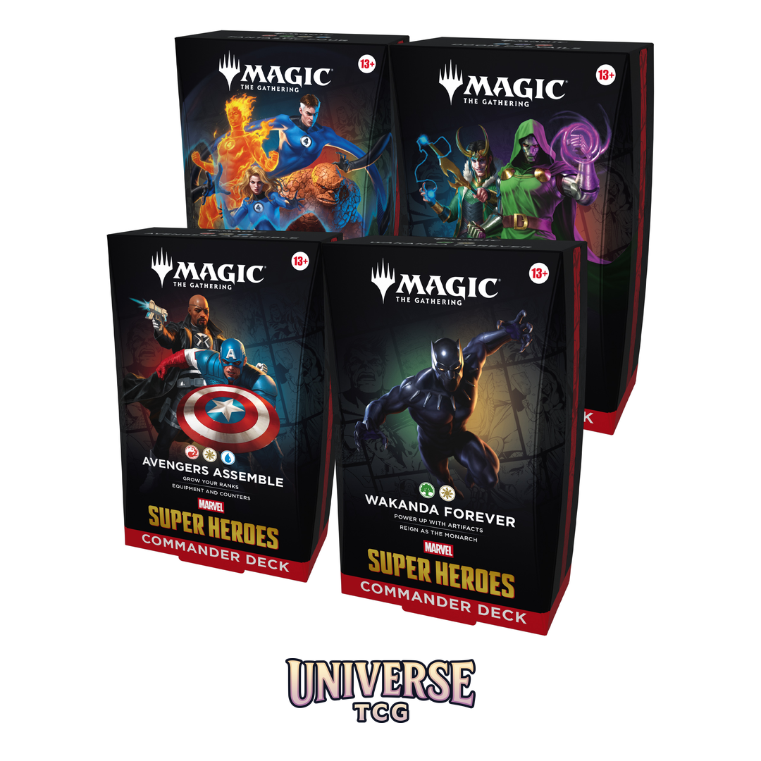 MTG Marvel Super Heroes Commander Deck Display with 4 complete 100-card decks - English Edition factory sealed - Box Back