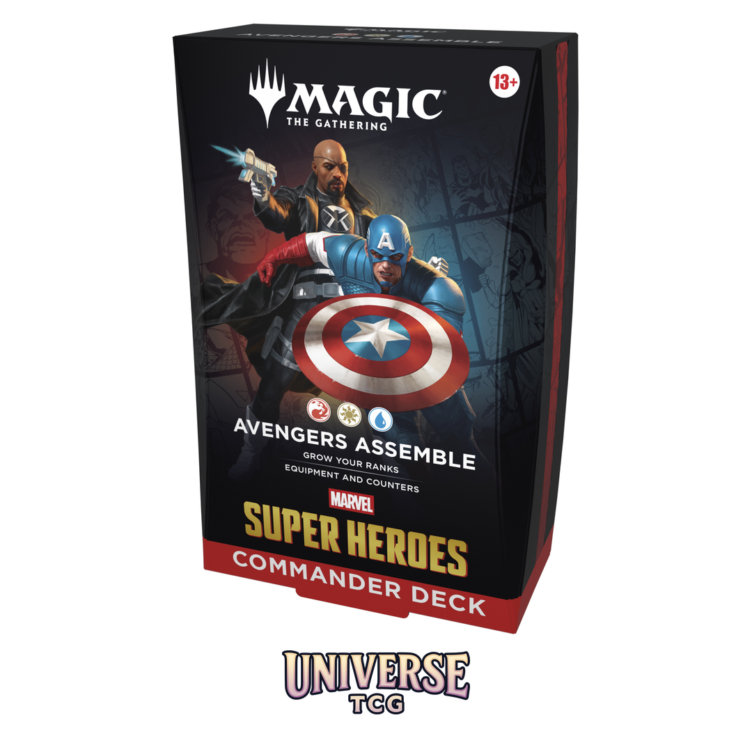 MTG Marvel Super Heroes Commander Deck Display with 4 complete 100-card decks - English Edition factory sealed - Contents