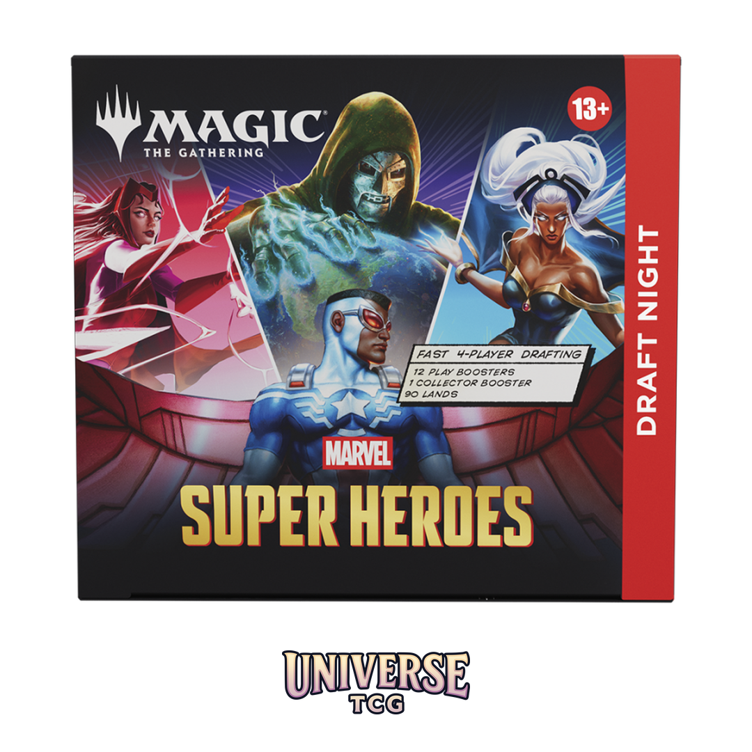Magic The Gathering Marvel Super Heroes Draft Night English Edition complete 4-player Pick-Two Draft kit with Play Boosters and exclusive promo cards - Box Front
