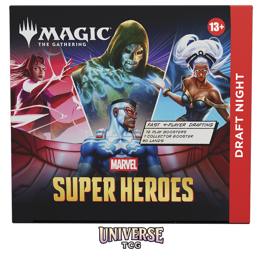 Magic The Gathering Marvel Super Heroes Draft Night English Edition complete 4-player Pick-Two Draft kit with Play Boosters and exclusive promo cards - Box Back