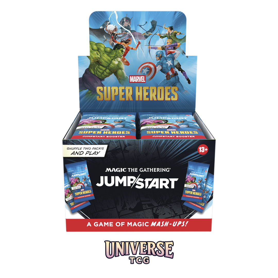 Magic The Gathering Marvel Super Heroes Jumpstart Booster Display English Edition with 24 ready-to-play themed packs featuring Marvel heroes - Box Front
