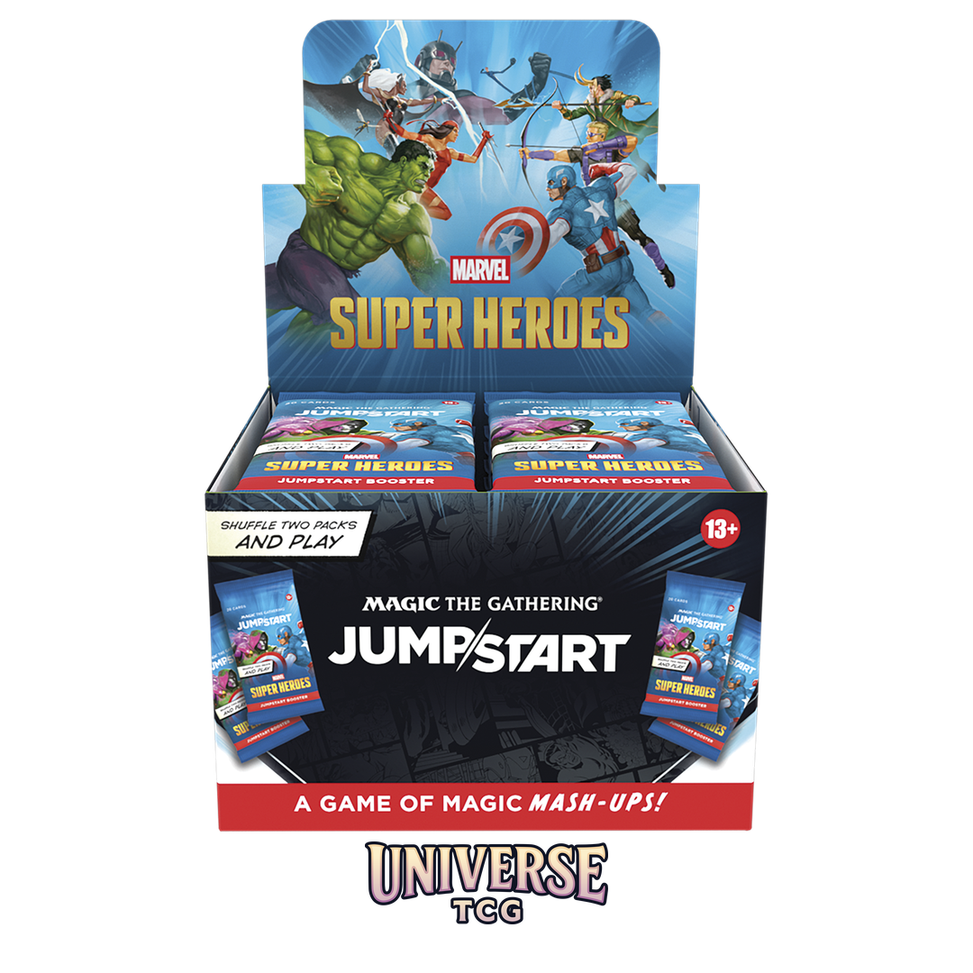 Magic The Gathering Marvel Super Heroes Jumpstart Booster Display English Edition with 24 ready-to-play themed packs featuring Marvel heroes - Box Back