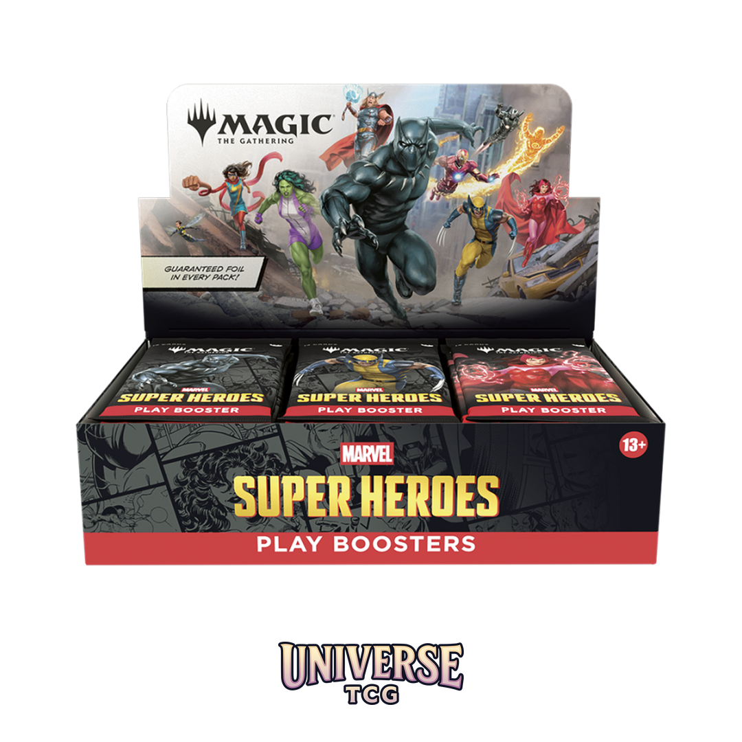 Magic The Gathering Marvel Super Heroes Play Booster Display English Edition with 30 booster packs featuring Spider-Man Iron Man Wolverine and Marvel heroes - Box Front