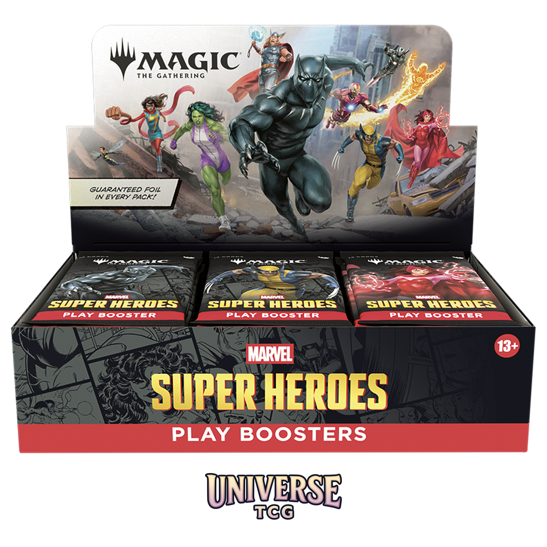 Magic The Gathering Marvel Super Heroes Play Booster Display English Edition with 30 booster packs featuring Spider-Man Iron Man Wolverine and Marvel heroes - Box Back