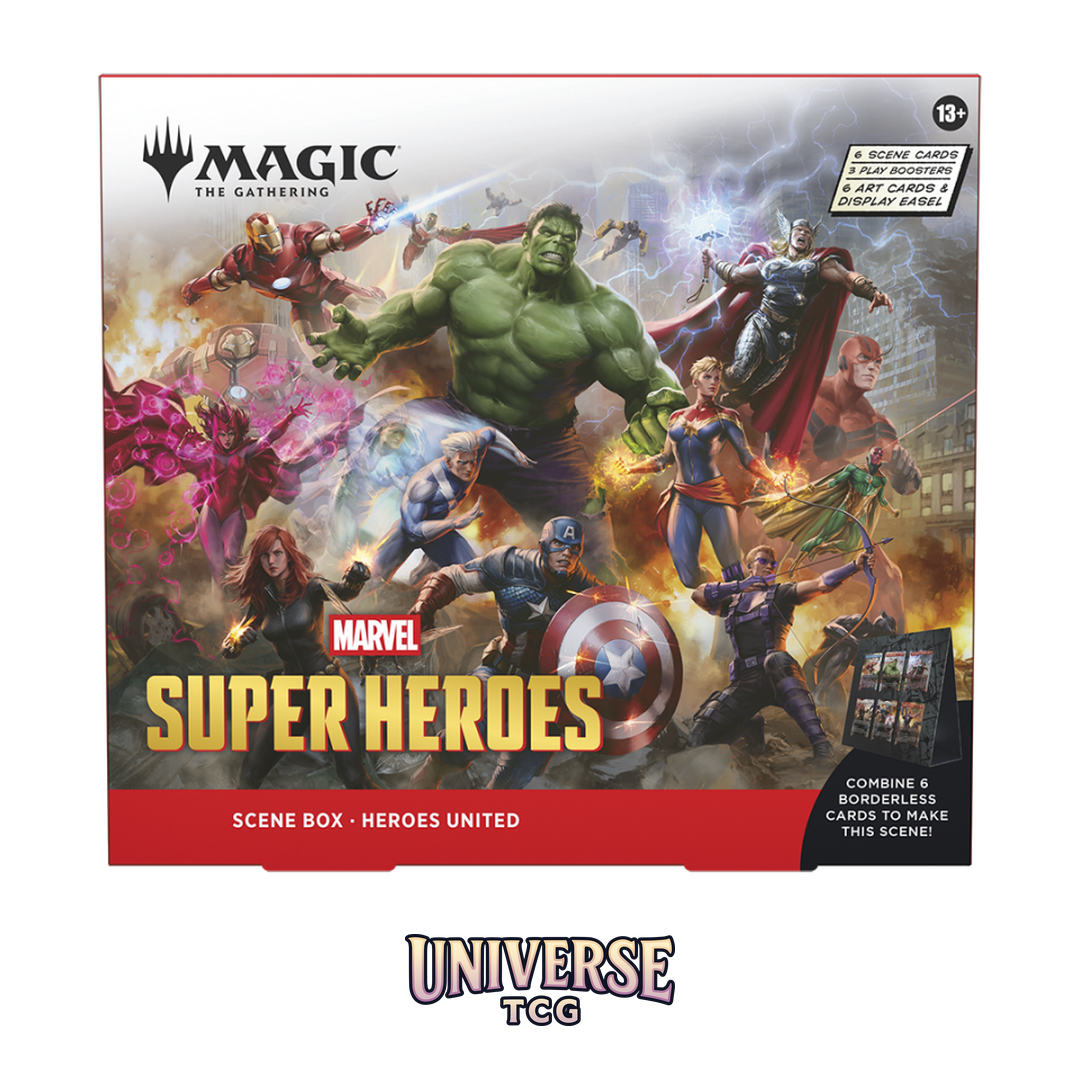 Magic The Gathering Marvel Super Heroes Scene Box Display English Edition with 4 Scene Boxes containing 24 traditional foil borderless cards - Box Front