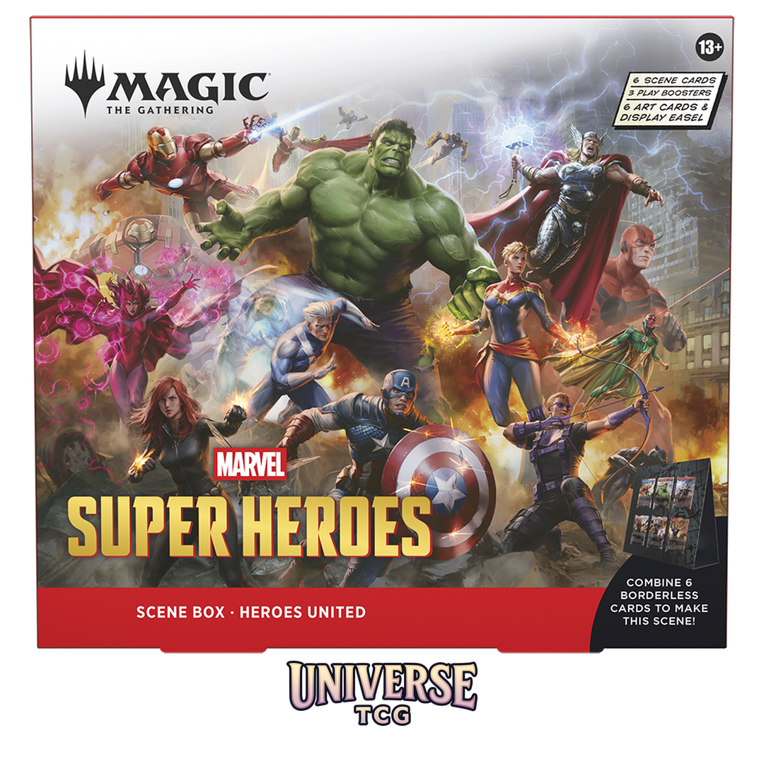 Magic The Gathering Marvel Super Heroes Scene Box Display English Edition with 4 Scene Boxes containing 24 traditional foil borderless cards - Box Back