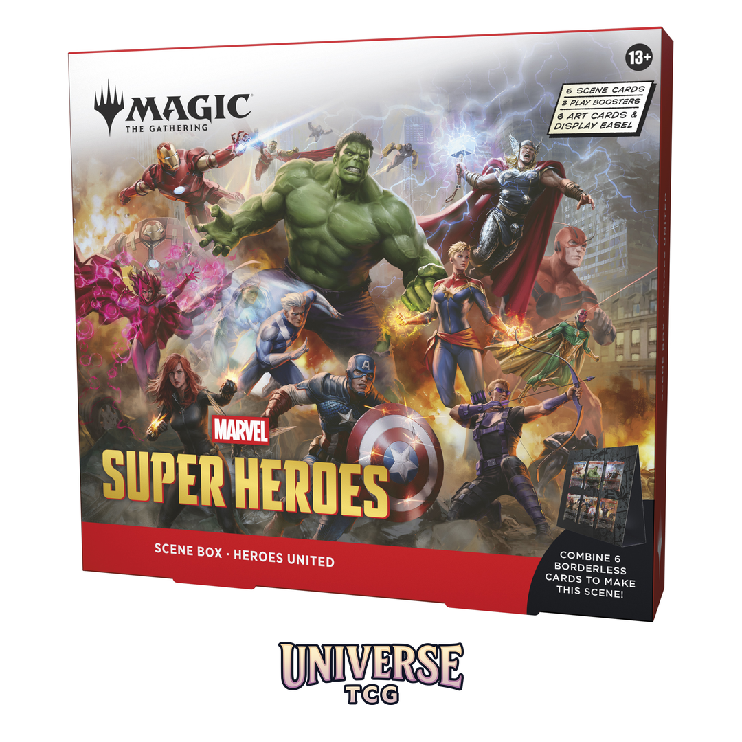 Magic The Gathering Marvel Super Heroes Scene Box Display English Edition with 4 Scene Boxes containing 24 traditional foil borderless cards - Contents