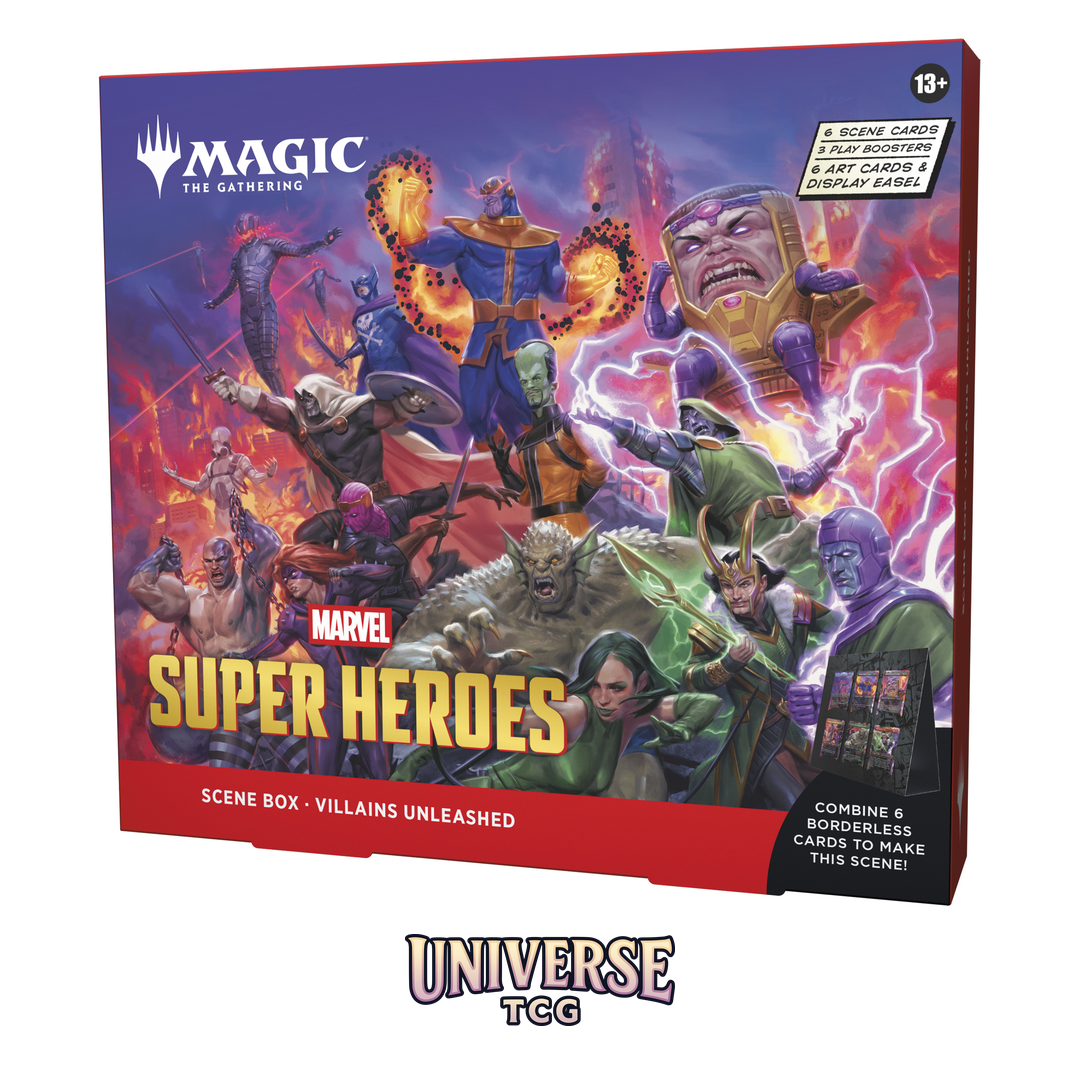 Magic The Gathering Marvel Super Heroes Scene Box Display English Edition with 4 Scene Boxes containing 24 traditional foil borderless cards - Alternative Angle