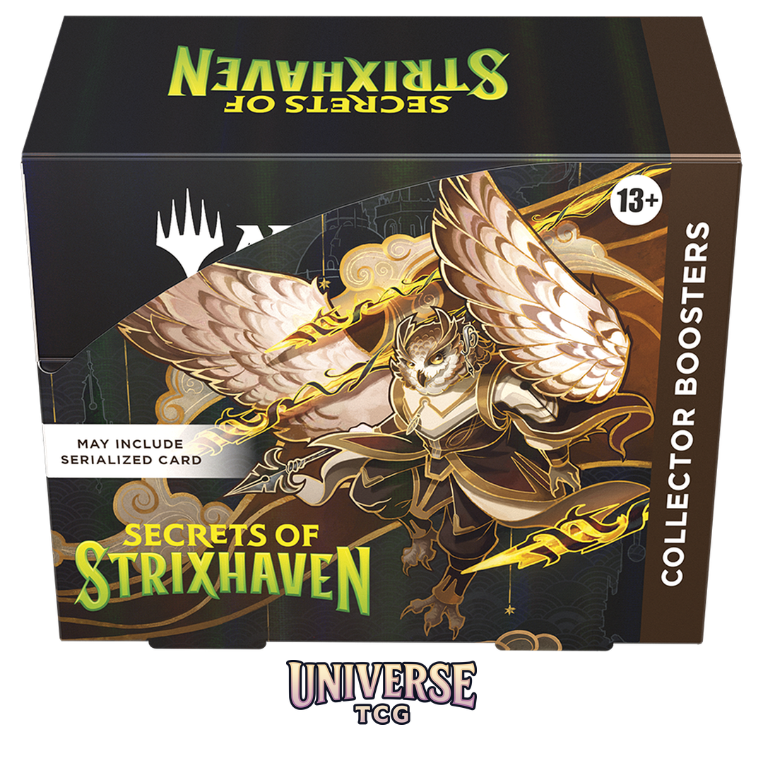 Magic The Gathering Secrets of Strixhaven Collector Booster Display with 12 premium boosters on white background - Box Back