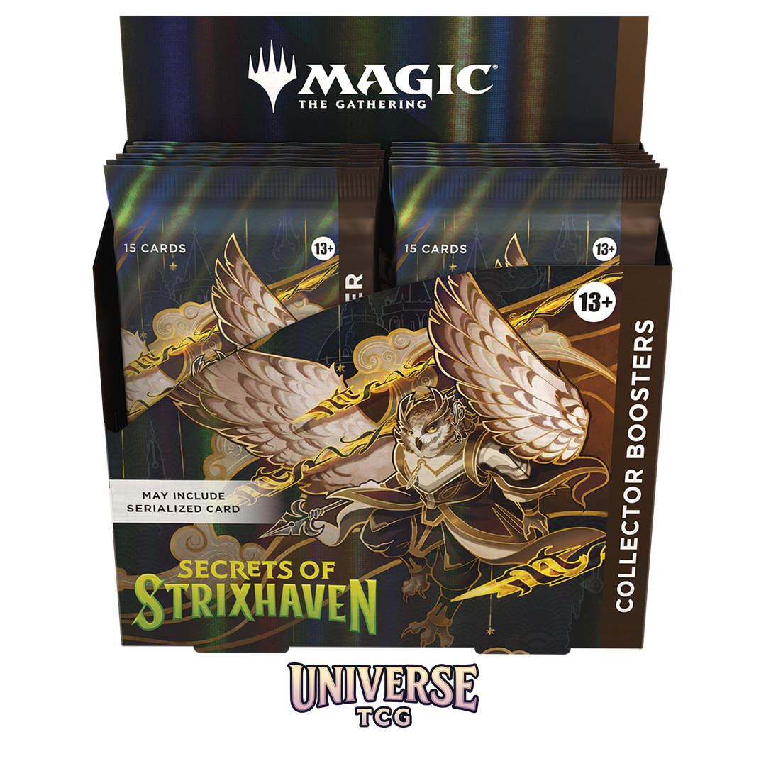 Magic The Gathering Secrets of Strixhaven Collector Booster Display with 12 premium boosters on white background - Contents