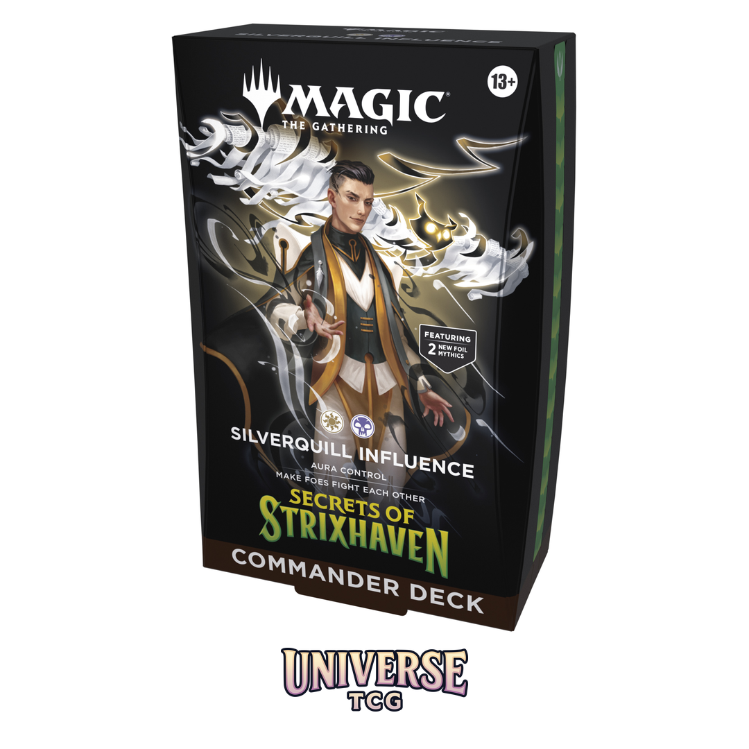 Magic The Gathering Secrets of Strixhaven Commander Deck Display with 5 preconstructed decks on white background - Box Back