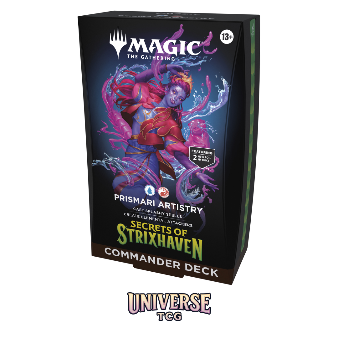 Magic The Gathering Secrets of Strixhaven Commander Deck Display with 5 preconstructed decks on white background - Contents