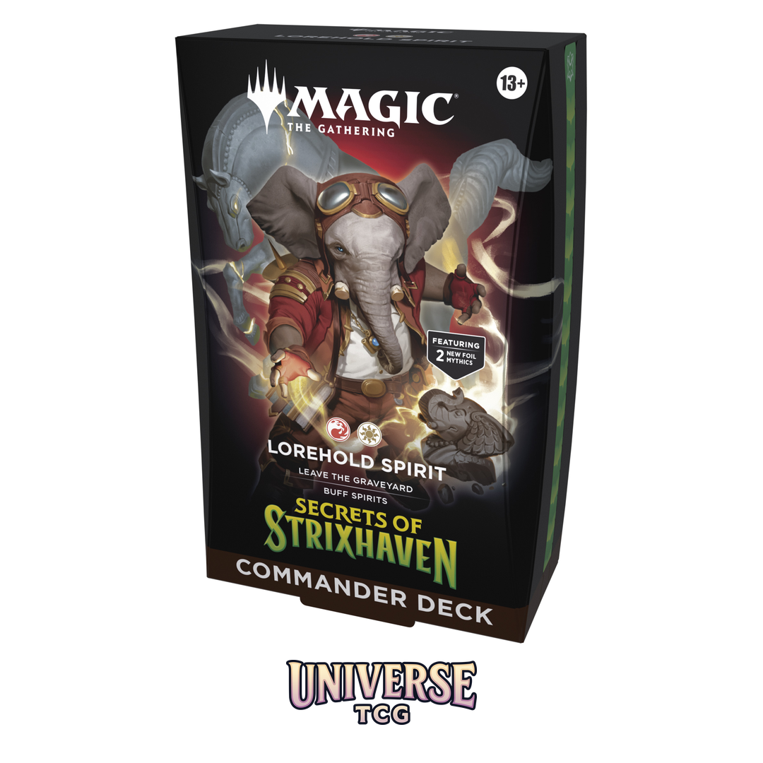 Magic The Gathering Secrets of Strixhaven Commander Deck Display with 5 preconstructed decks on white background - Alternative Angle