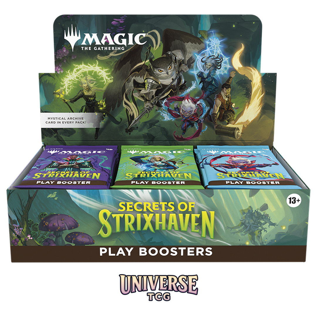 Magic The Gathering Secrets of Strixhaven Play Booster Display with 30 boosters on white background - Box Back