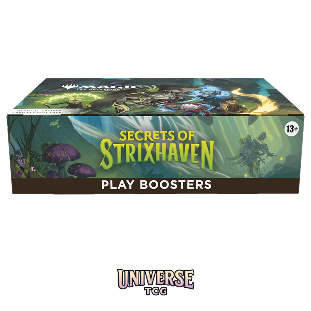 Magic The Gathering Secrets of Strixhaven Play Booster Display with 30 boosters on white background - Contents