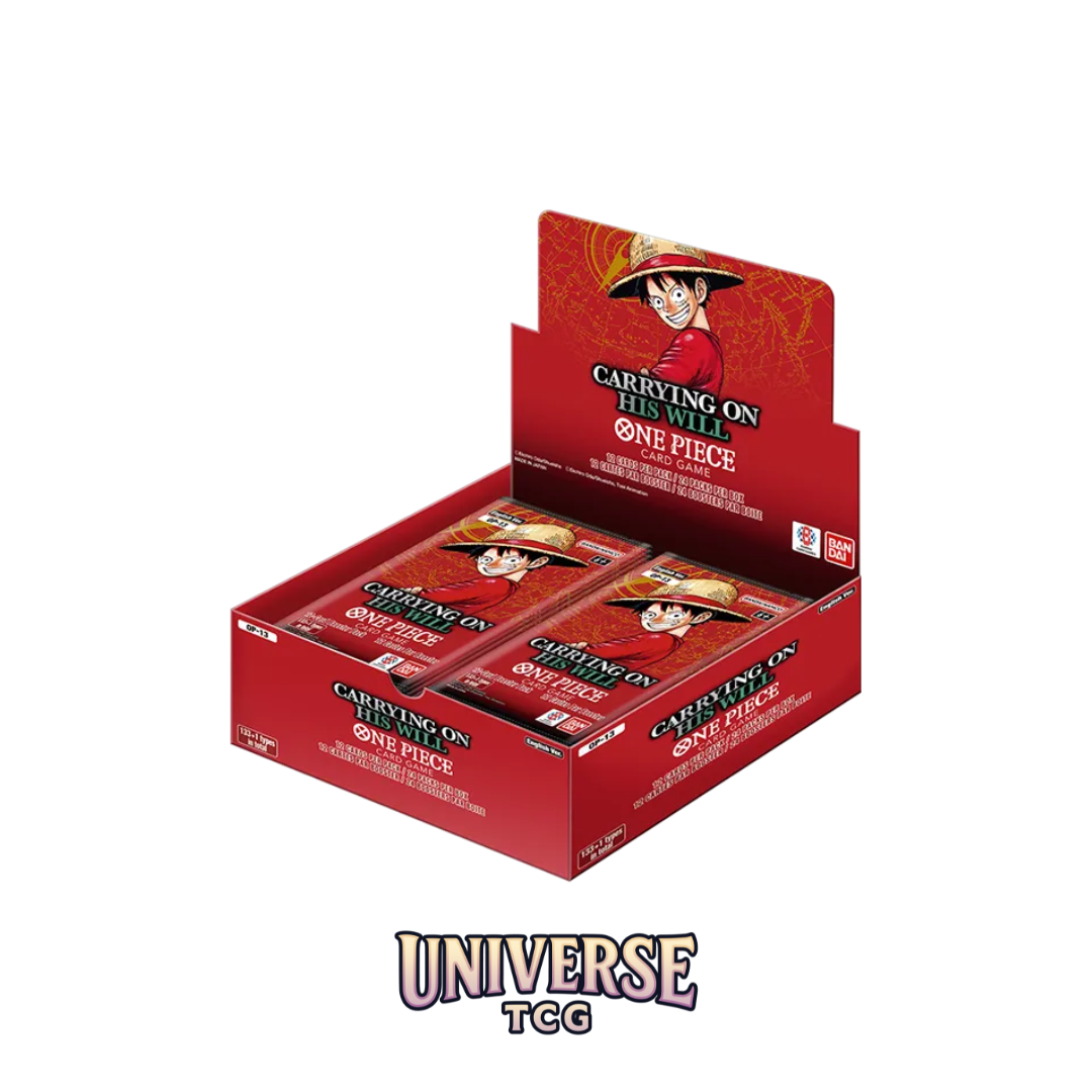 Red trading card box featuring 'One Piece' characters with 'Universe TCG' branding. OP13 Booster Box Carrying On His Will, Manga Red, Monkey D Luffy