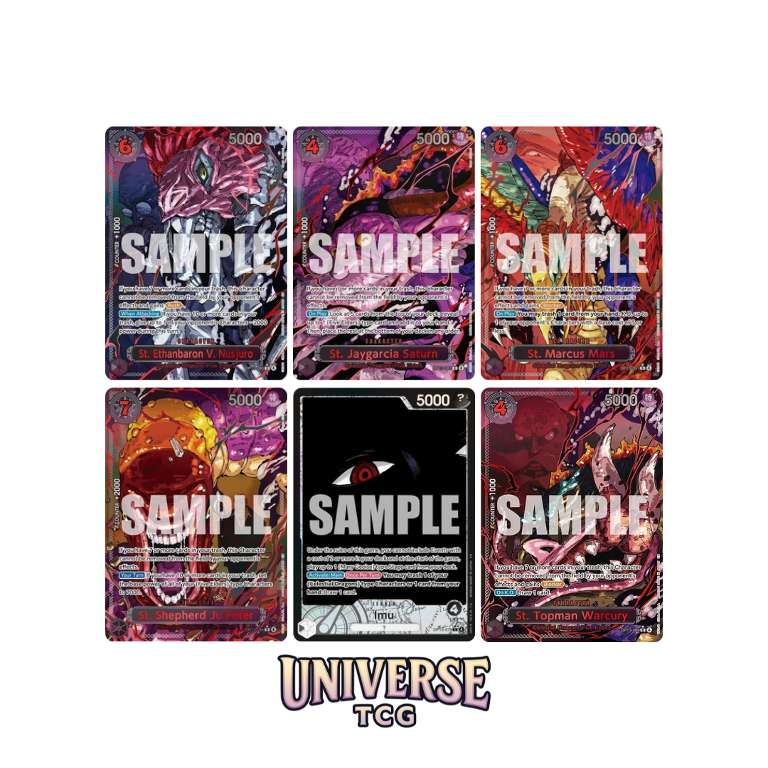 Set of trading cards with 'SAMPLE' text on a white background, featuring the 'UNIVERSE TCG' logo. IMU 
