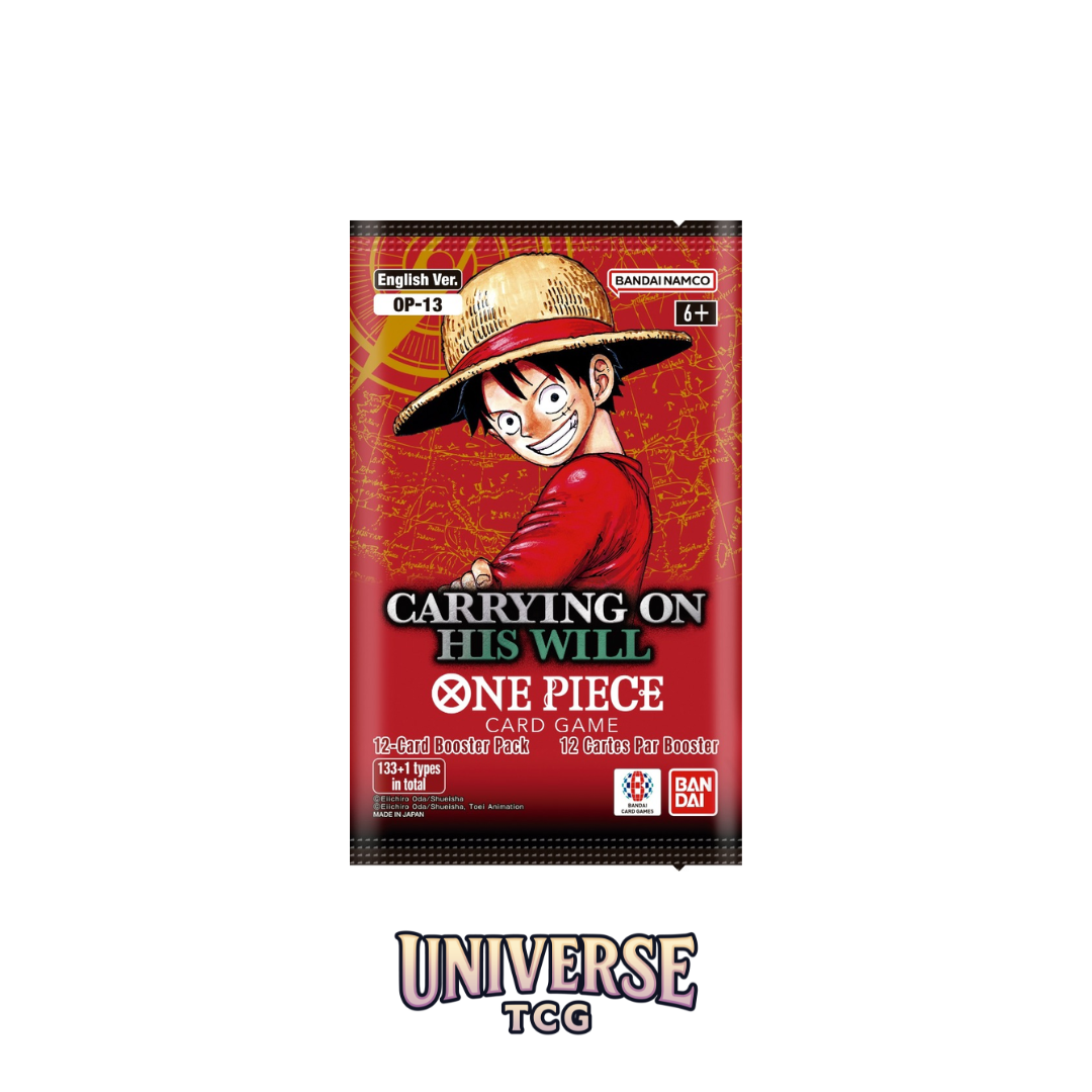 Card game booster pack featuring a character from 'One Piece' on a red background Carrying on his will op13 manga monkey d luffy red