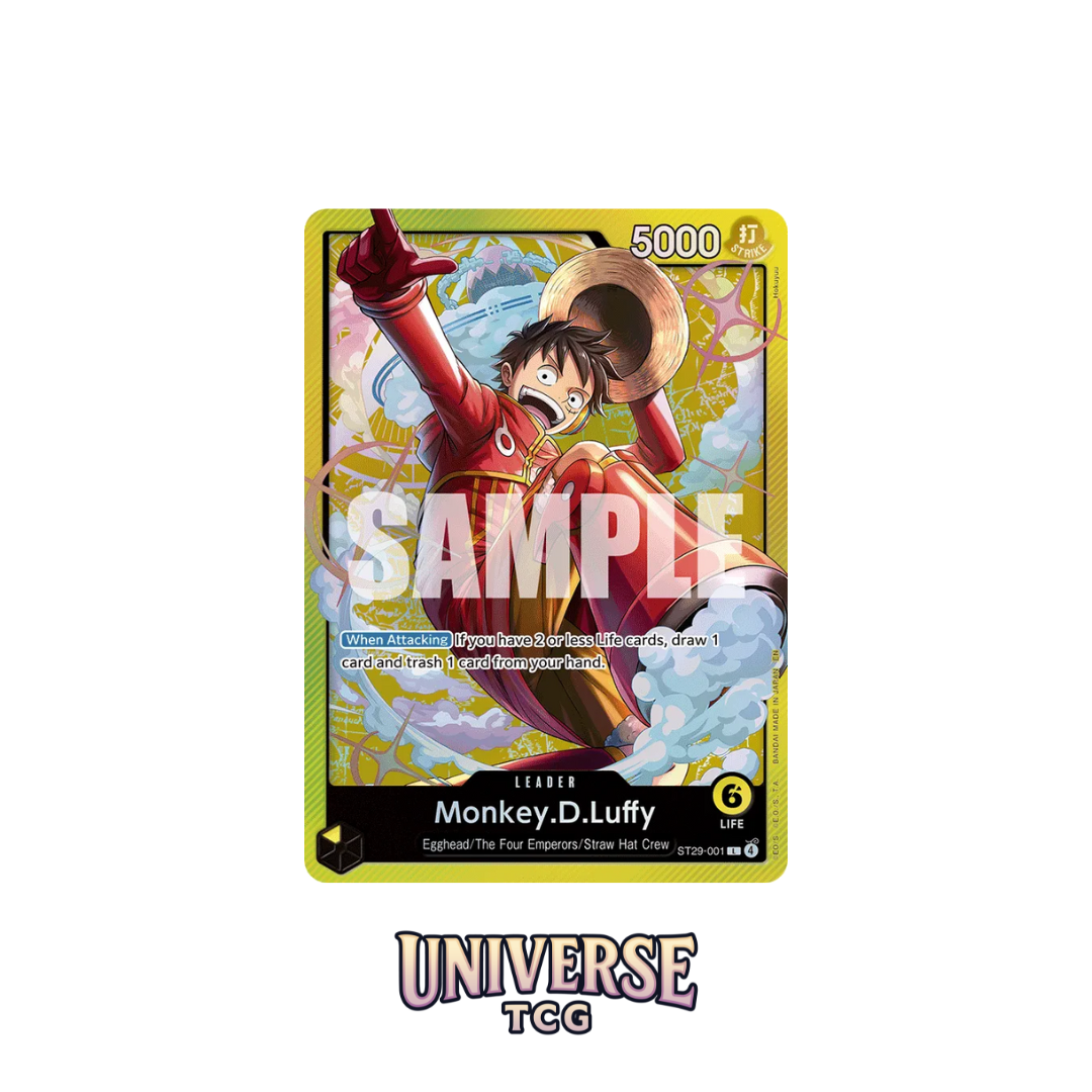Caja del Starter Deck One Piece Card Game Egghead ST-29 con Monkey D. Luffy, producto oficial de Bandai Namco, fondo amarillo, presentación de mazo inicial. Luffy Card.
