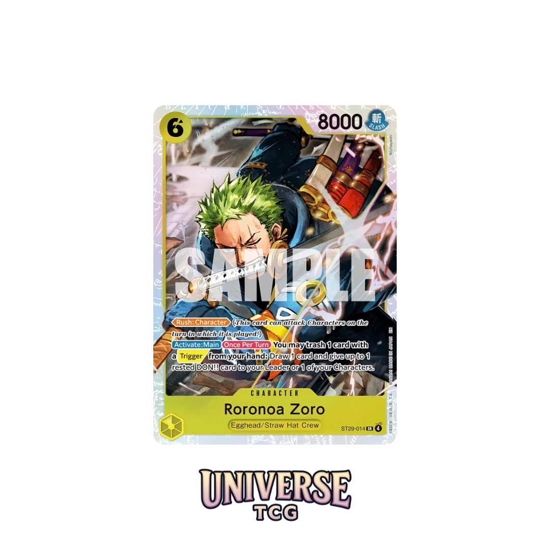 Caja del Starter Deck One Piece Card Game Egghead ST-29 con Monkey D. Luffy, producto oficial de Bandai Namco, fondo amarillo, presentación de mazo inicial. Zoro Card.