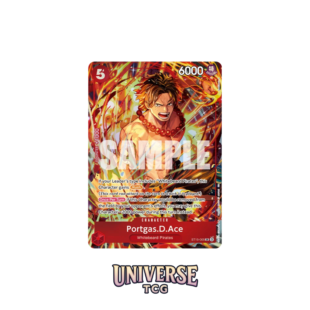 Card featuring Portgas D. Ace from One Piece with 'SAMPLE' text on a white background One Piece Trading Card Game OP14 The Azure Sea's Seven