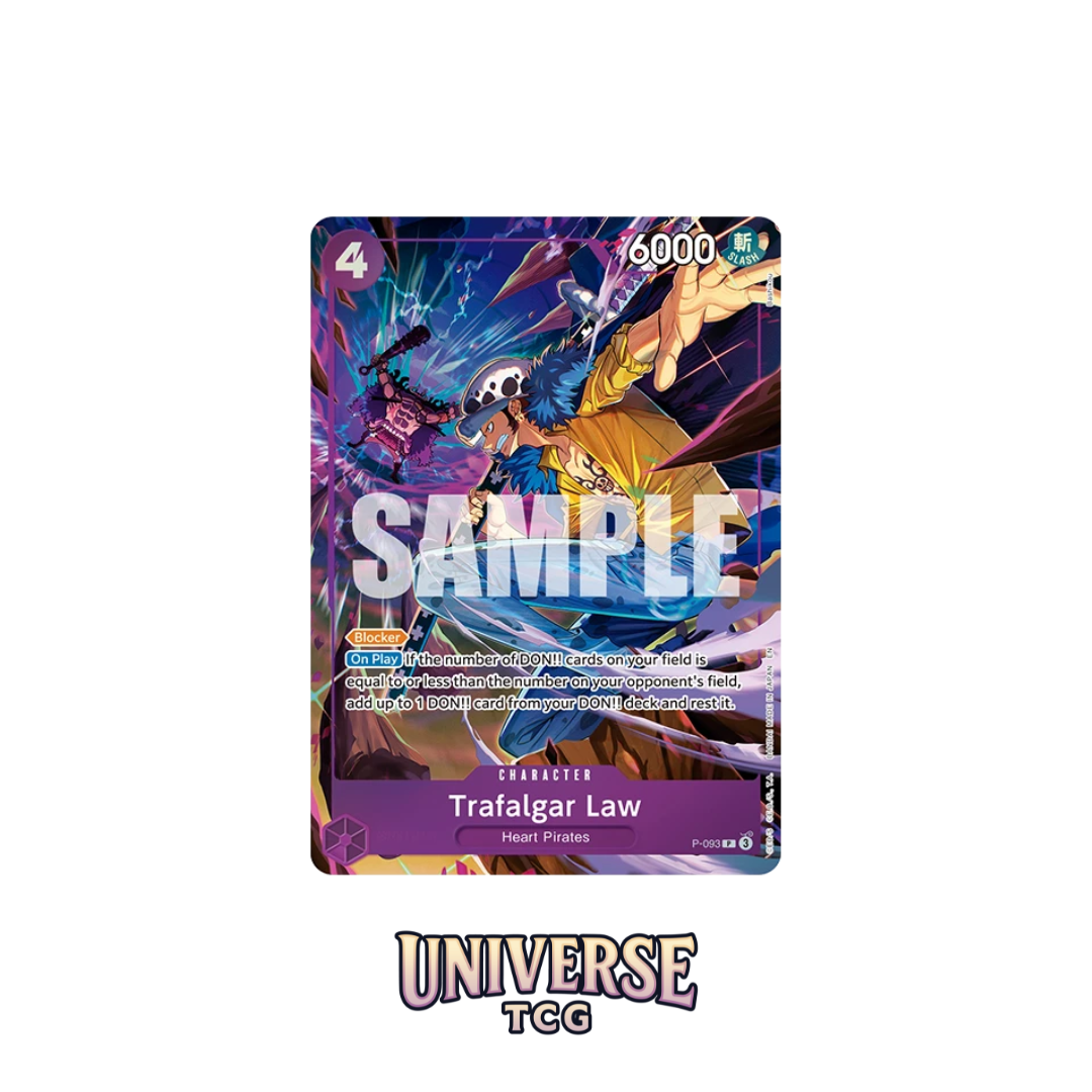 Card featuring Trafalgar Law from 'One Piece' with colorful design and 'UNIVERSE TCG' branding. One Piece Trading Card Game OP14 The Azure Sea's Seven