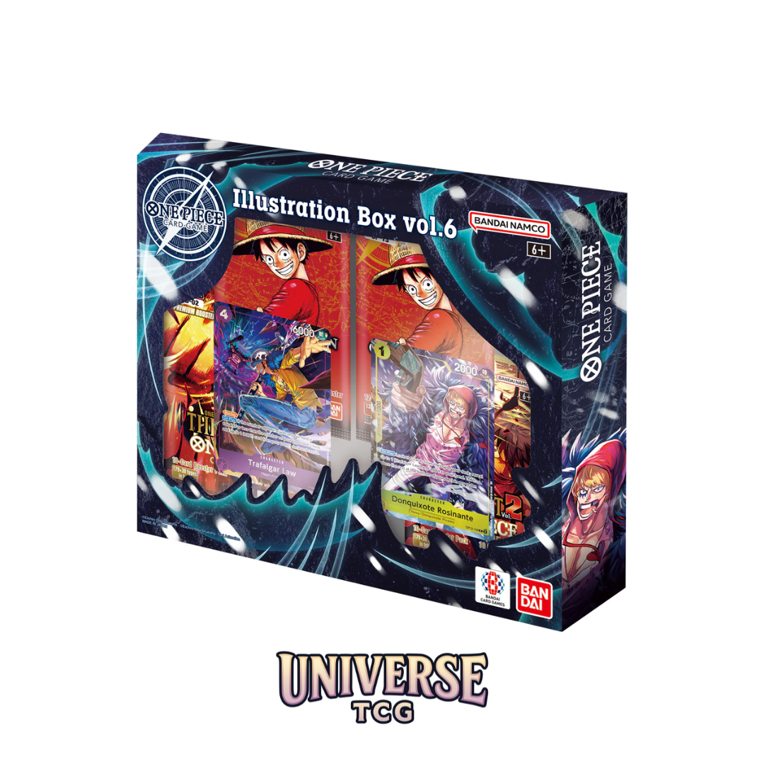 One Piece illustration box vol.6 packaging with character images on a white background One Piece Trading Card Game OP14 The Azure Sea's Seven