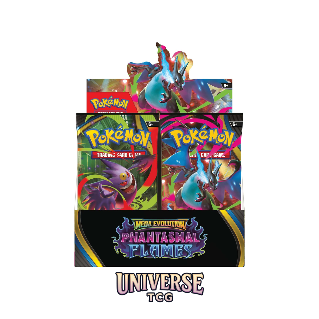 Pokémon trading card game packs with 'Mega Evolution Phantasmal Flames' theme on a white background. Phantasmal Flames English Booster Box at Universe TCG