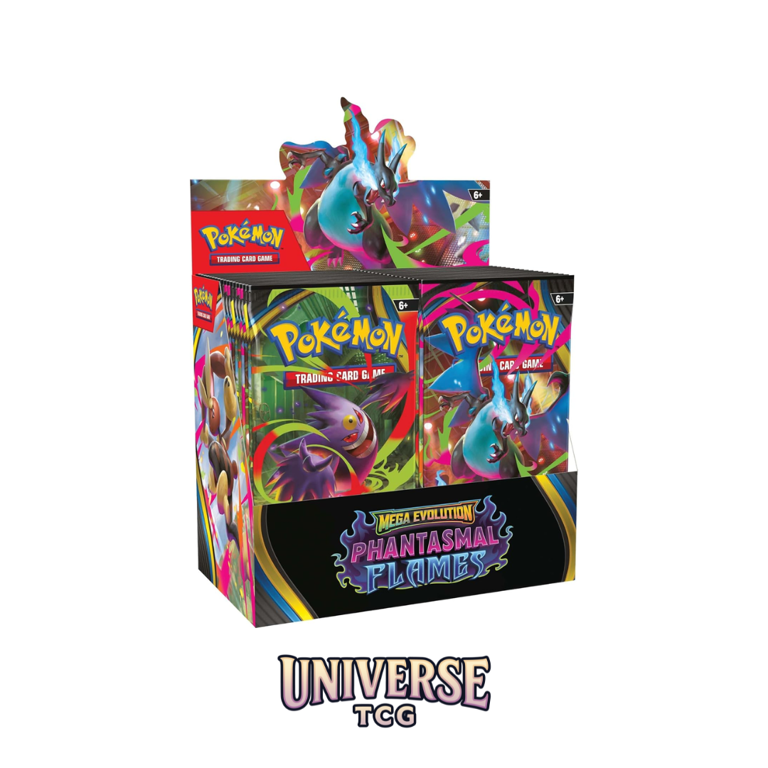 Pokémon trading card game box with colorful designs on a white background Phantasmal Flames English Booster Box at Universe TCG