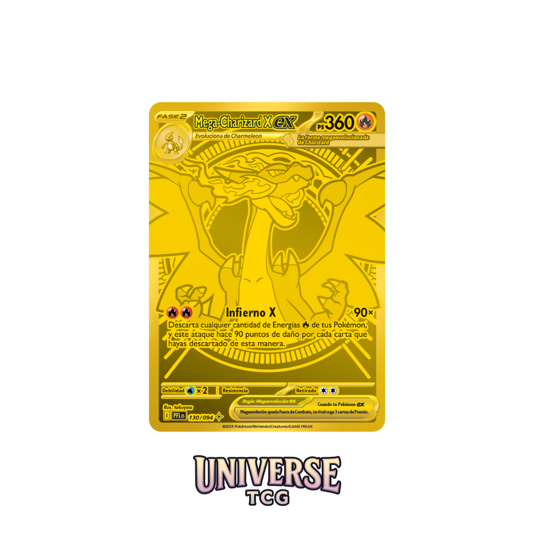 Yellow trading card featuring a dragon-like creature with game text and branding on a white background. Gold Card Charizard Mega Charizard Phantasmal Flames Card