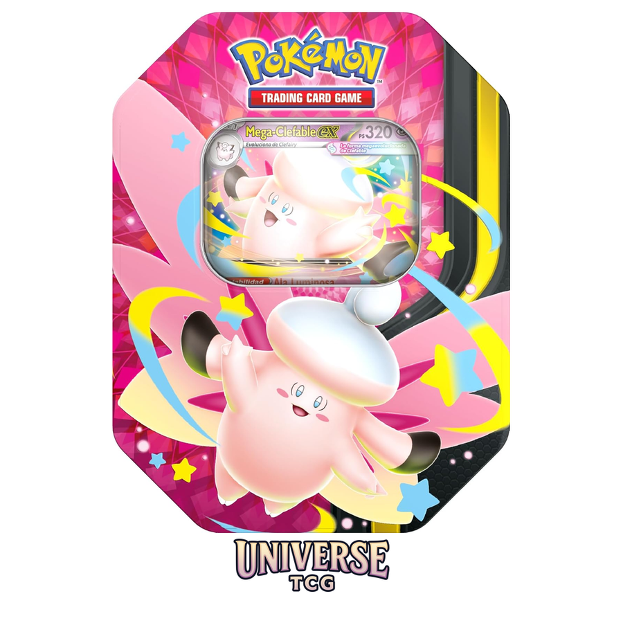 Pokémon: Lata Megaluz Lunar: Mega-Clefable ex de JCC Pokémon (4 Sobres de Mejora y 1 Carta holográfica de promoción) | TCG