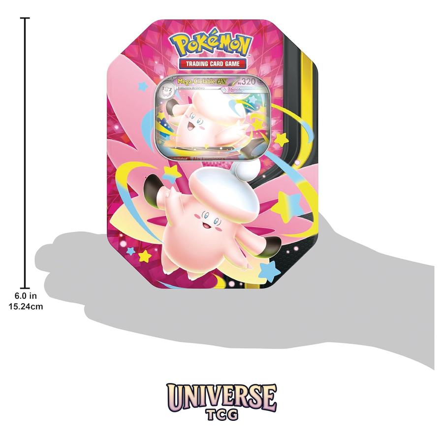 Pokémon: Lata Megaluz Lunar: Mega-Clefable ex de JCC Pokémon (4 Sobres de Mejora y 1 Carta holográfica de promoción) | TCG