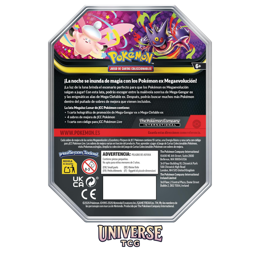Pokémon: Lata Megaluz Lunar: Mega-Gengar ex de JCC Pokémon (4 Sobres de Mejora y 1 Carta holográfica de promoción) | TCG
