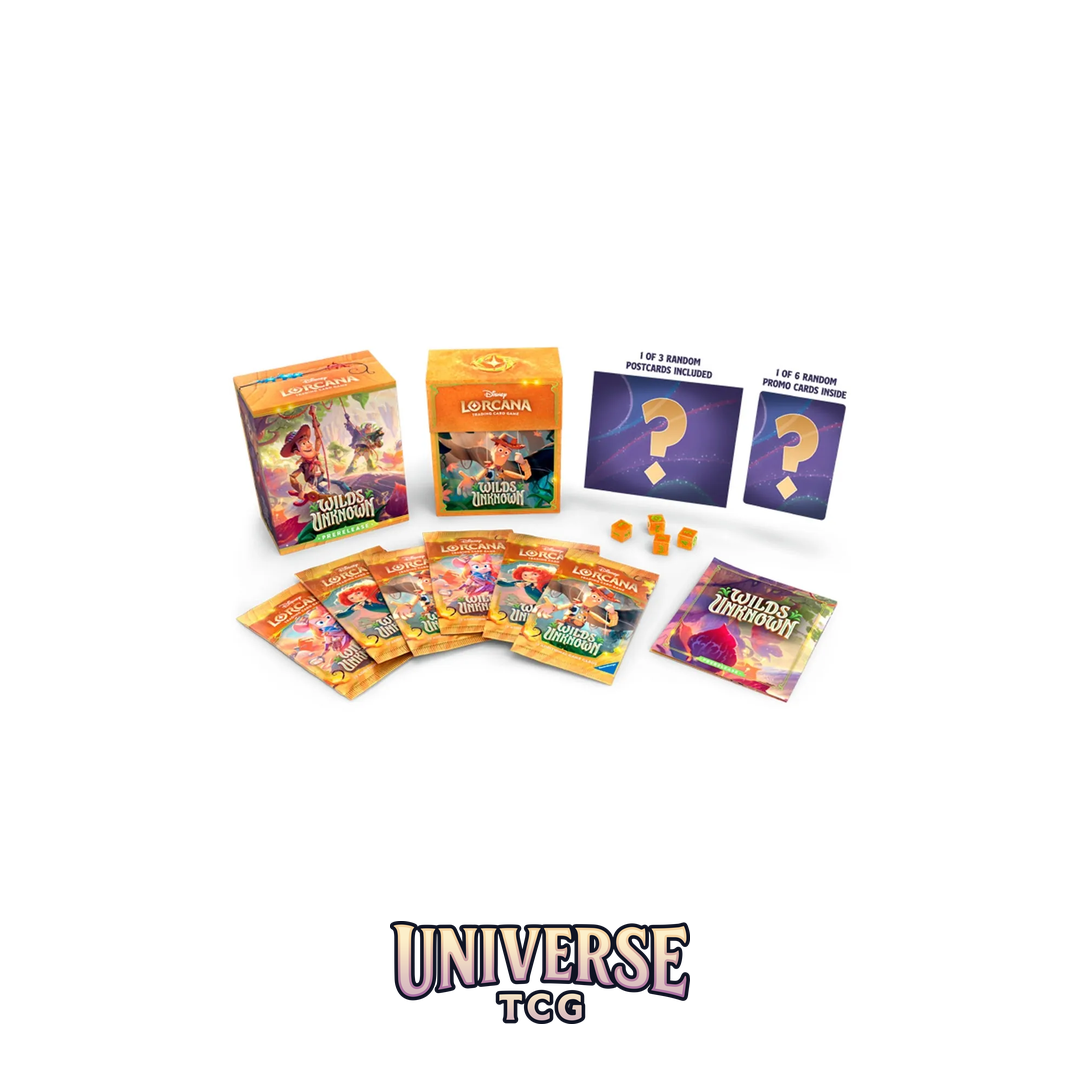 Collection of trading card game packs and cards on a white background with 'Universe TCG' branding. Wilds Unknown Lorcana Prerelease