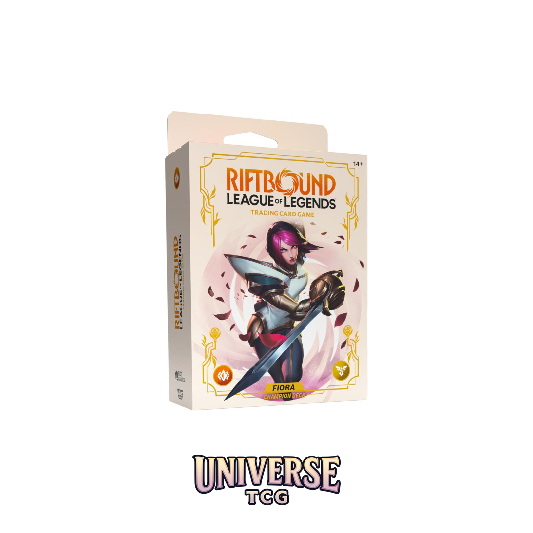 Riftbound League of Legends trading card game box with character illustration on a white background Spiritforged Fiora Champion Deck.