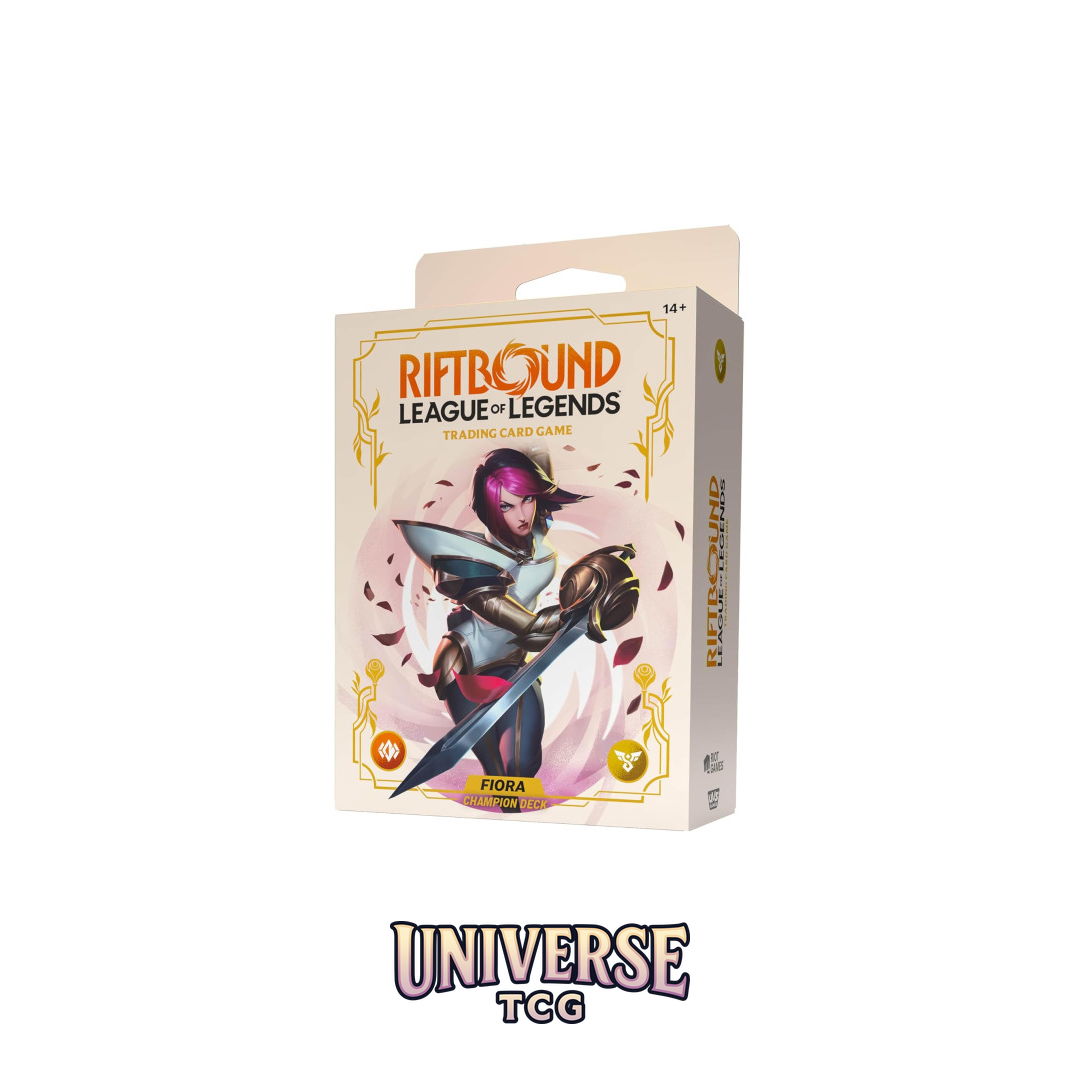 Riftbound League of Legends trading card game box with character illustration on a white background Spiritforged Fiora Champion Deck.
