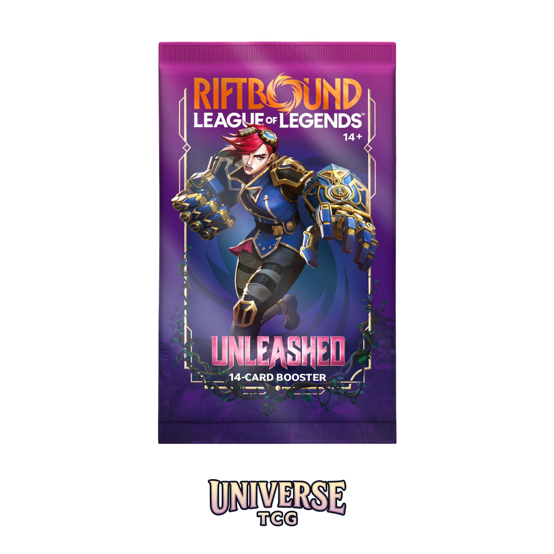 Riftbound League of Legends TCG Unleashed Booster Display box with 24 booster packs on white background - Box Back