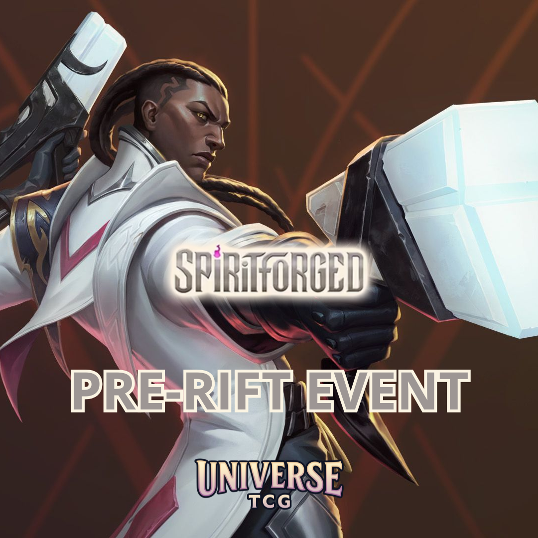 Character from 'Universe TCG' with 'Spirit forged' and 'Pre-Rift Event' text on a dark background Lucian Riftbound