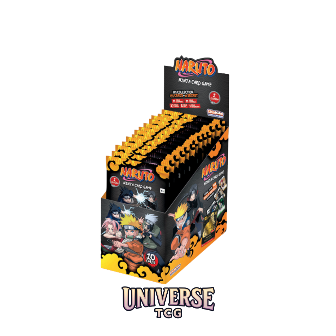 Display box of Naruto trading card game packs with 'Universe TCG' branding. Booster Pack Naruto Mythos TCG Konoha Shidō 1ª Edición – sobre oficial de cartas Naruto en Universe TCG Barcelona